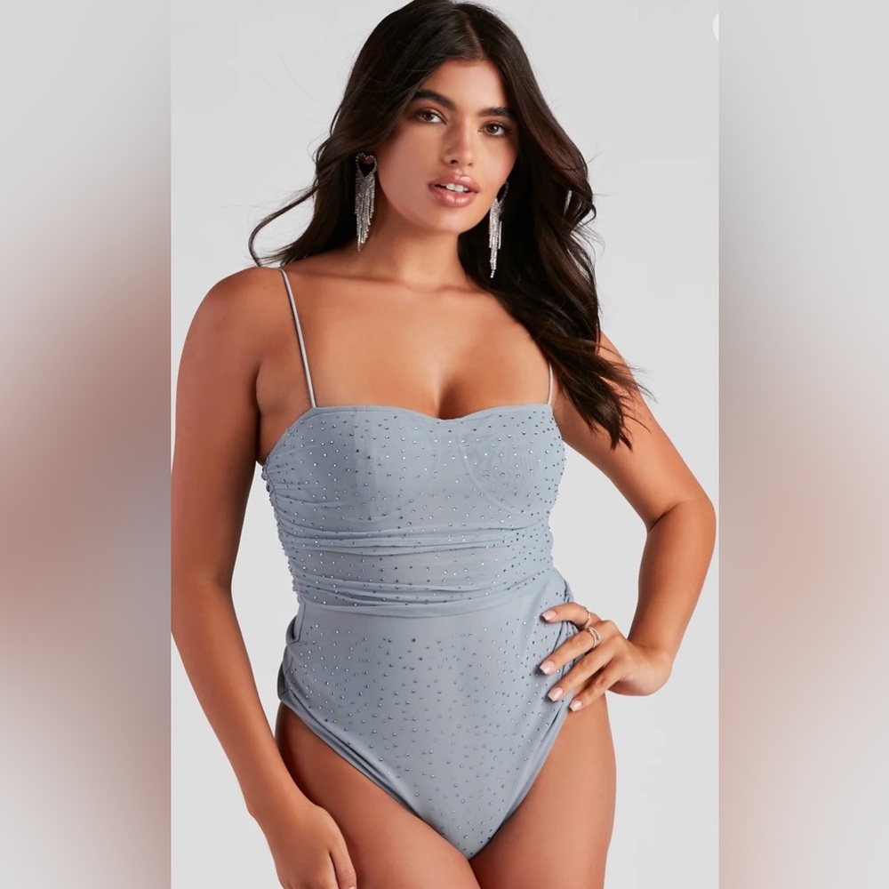 Windsor See Me Sparkle Dusty Blue Rhinestone Mesh Ruched Bodysuit XL